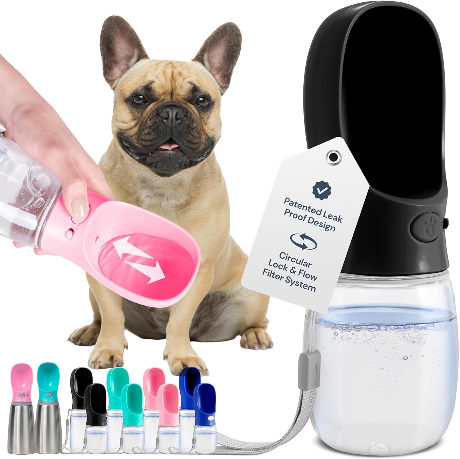 Portable Dog Water Bottle - 19 Oz, Blue - Leak-Proof Water Bowl Dispenser with Lock for Hiking, Travel & On-The-Go