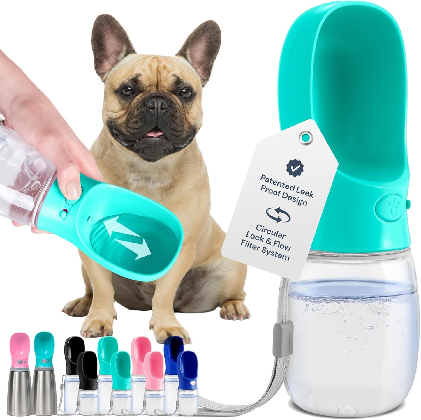 Portable Dog Water Bottle - 19 Oz, Blue - Leak-Proof Water Bowl Dispenser with Lock for Hiking, Travel & On-The-Go