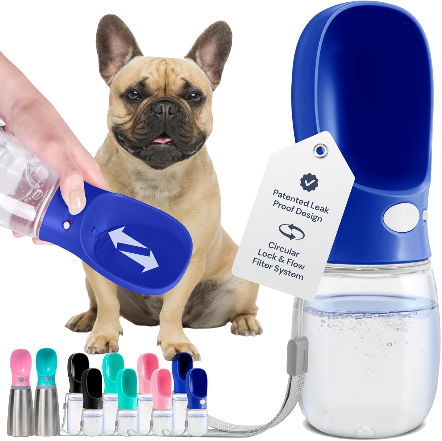 Portable Dog Water Bottle - 19 Oz, Blue - Leak-Proof Water Bowl Dispenser with Lock for Hiking, Travel & On-The-Go