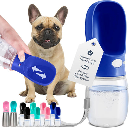 Portable Dog Water Bottle - 19 Oz, Blue - Leak-Proof Water Bowl Dispenser with Lock for Hiking, Travel & On-The-Go