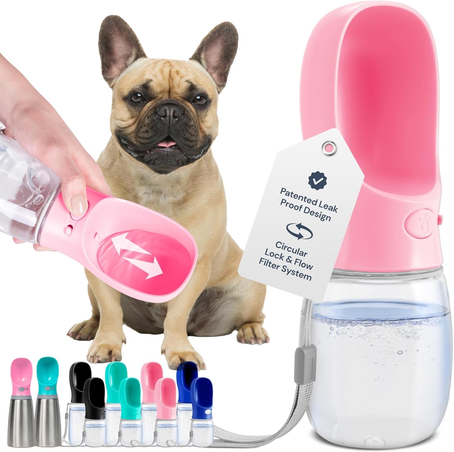 Portable Dog Water Bottle - 19 Oz, Blue - Leak-Proof Water Bowl Dispenser with Lock for Hiking, Travel & On-The-Go