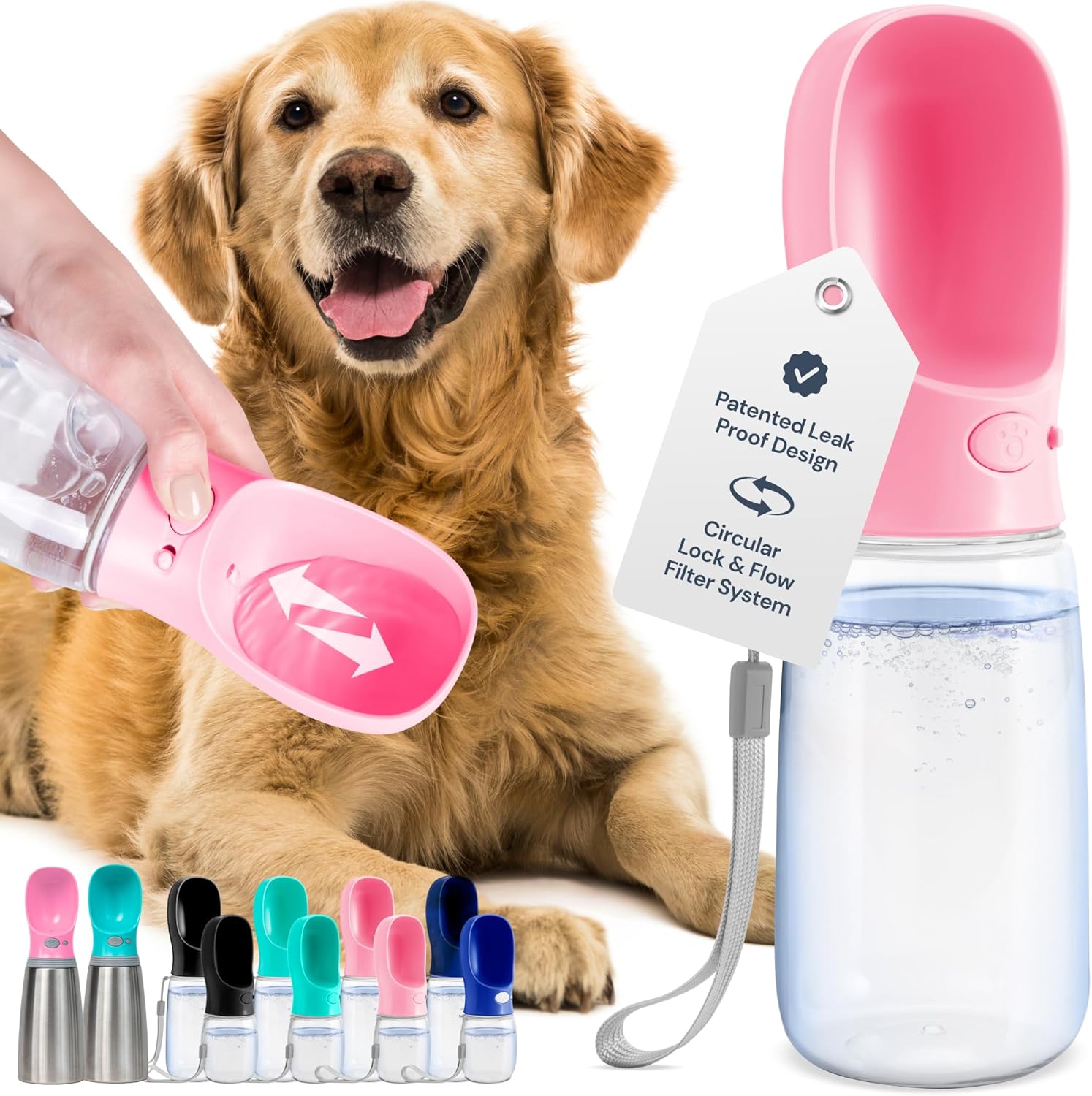 Portable Dog Water Bottle - 19 Oz, Blue - Leak-Proof Water Bowl Dispenser with Lock for Hiking, Travel & On-The-Go