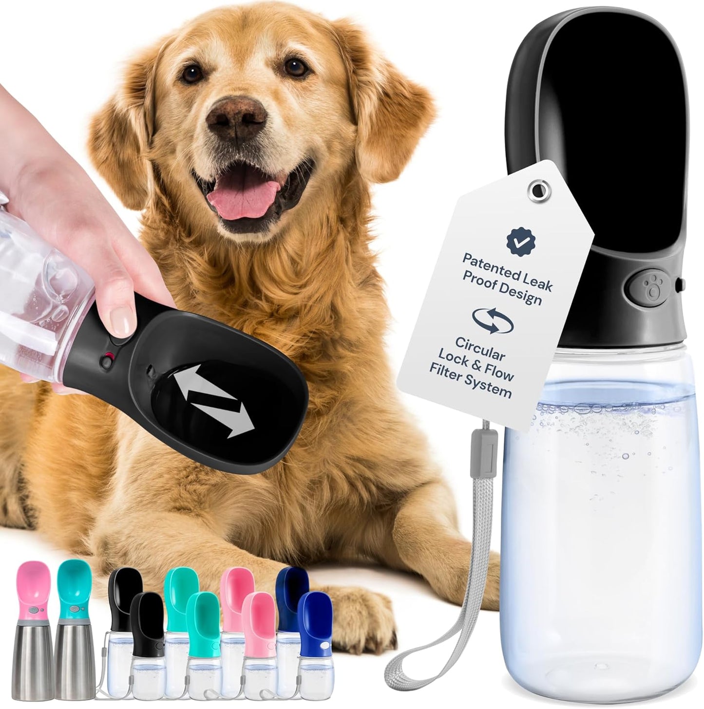 Portable Dog Water Bottle - 19 Oz, Blue - Leak-Proof Water Bowl Dispenser with Lock for Hiking, Travel & On-The-Go