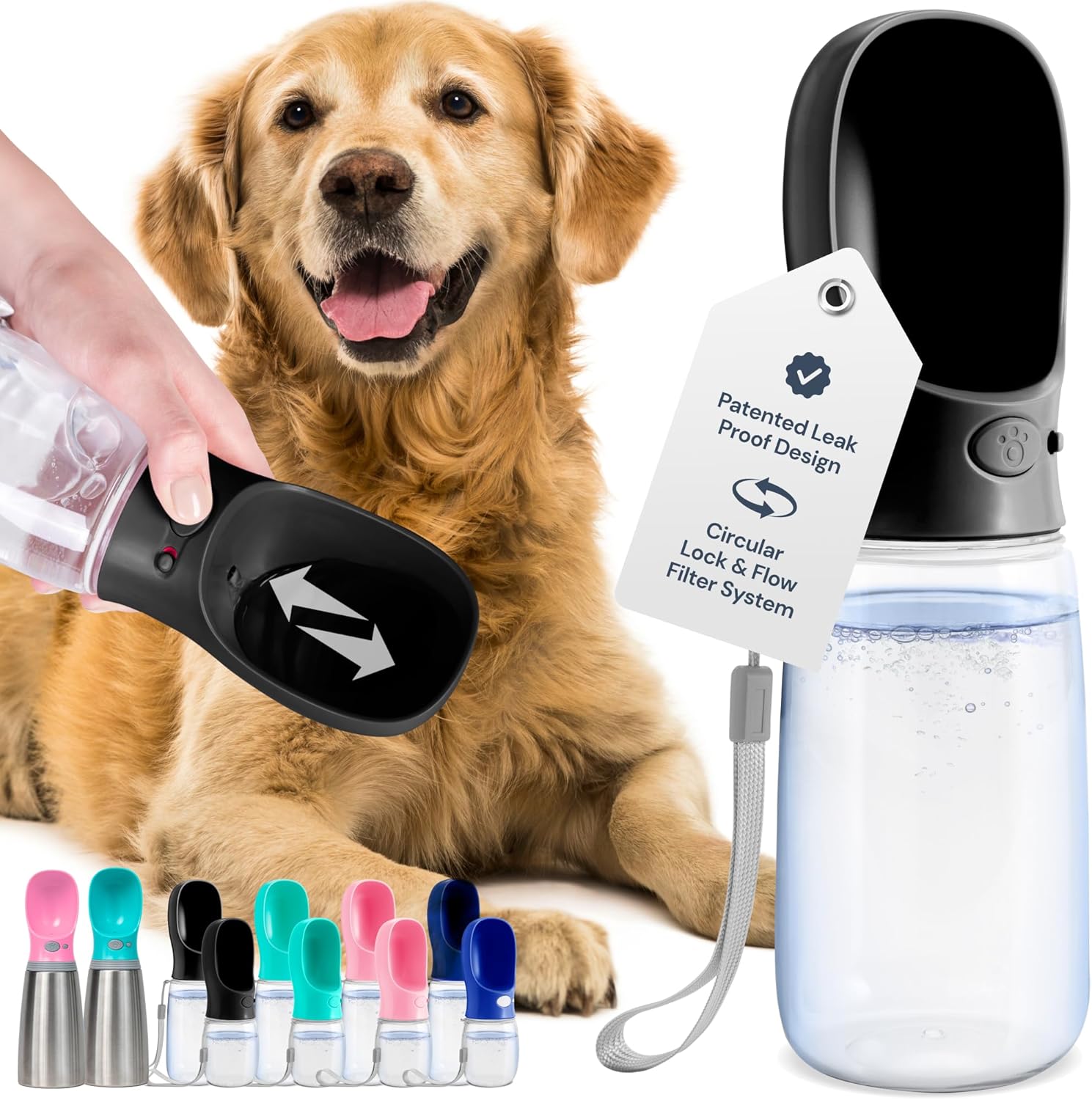 Portable Dog Water Bottle - 19 Oz, Blue - Leak-Proof Water Bowl Dispenser with Lock for Hiking, Travel & On-The-Go