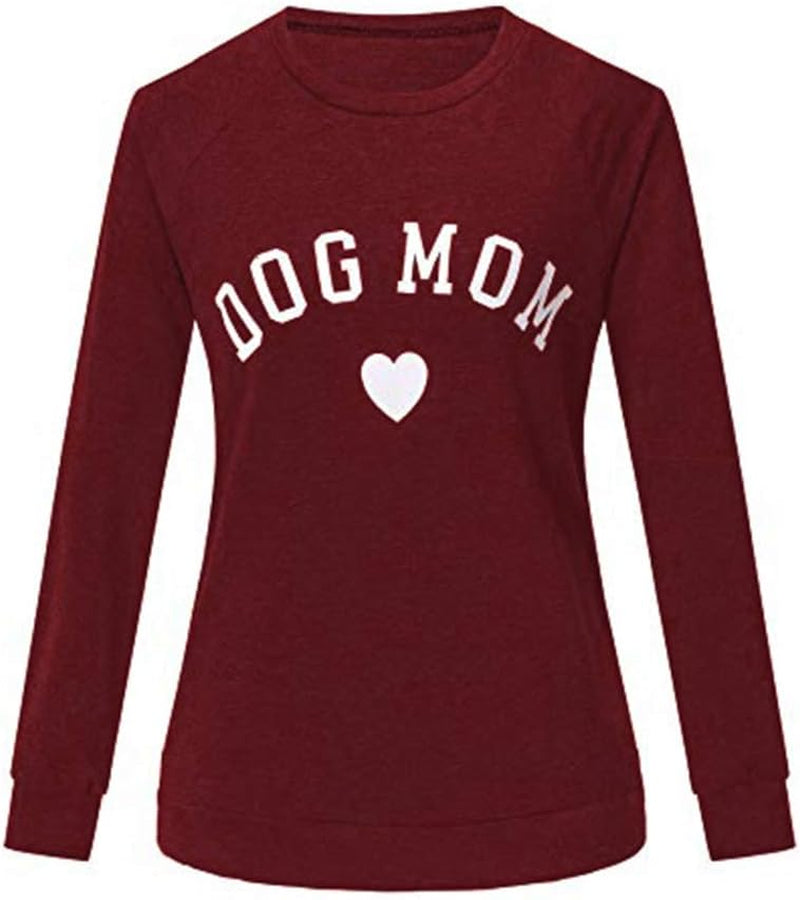 Womens Tops Dog Mom Shirt Long Sleeve O Neck Letter Print Sweatshirts Red S