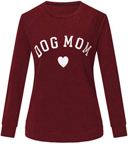 Womens Tops Dog Mom Shirt Long Sleeve O Neck Letter Print Sweatshirts Red S